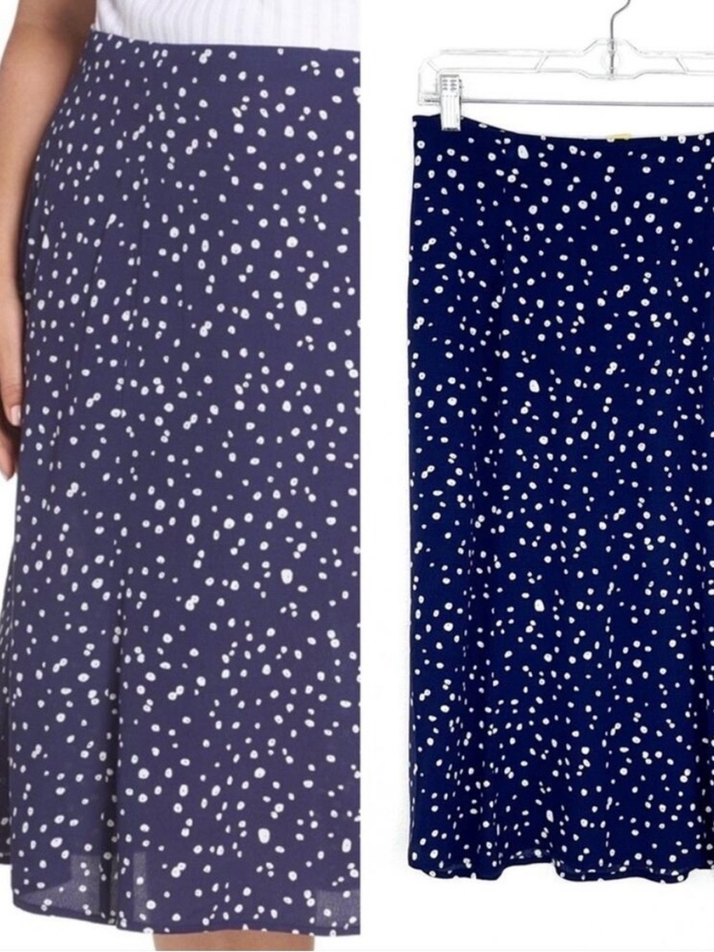 Leith Navy A‑Line Knee Length Skirt – Flowy Polka Dot Classic Small